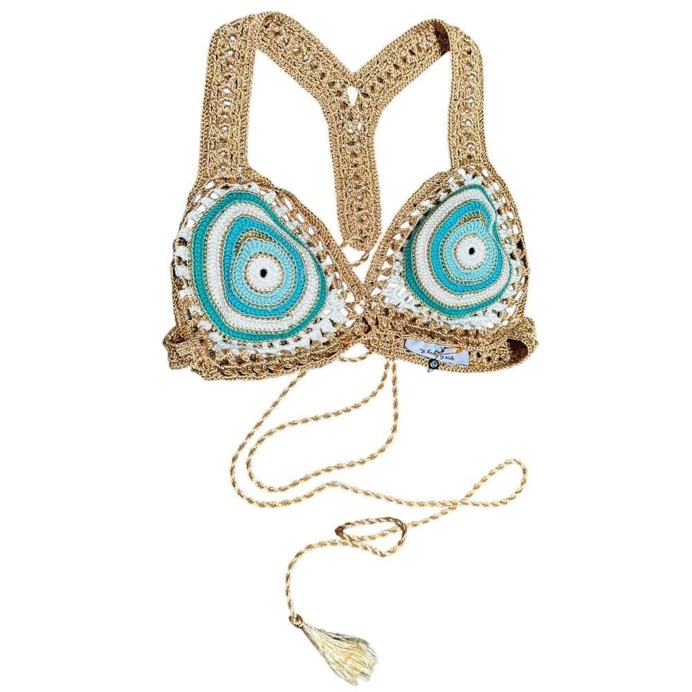 MYBEACHYSIDE Teal and Gold Crochet Bikini Top - Size S - NWT
